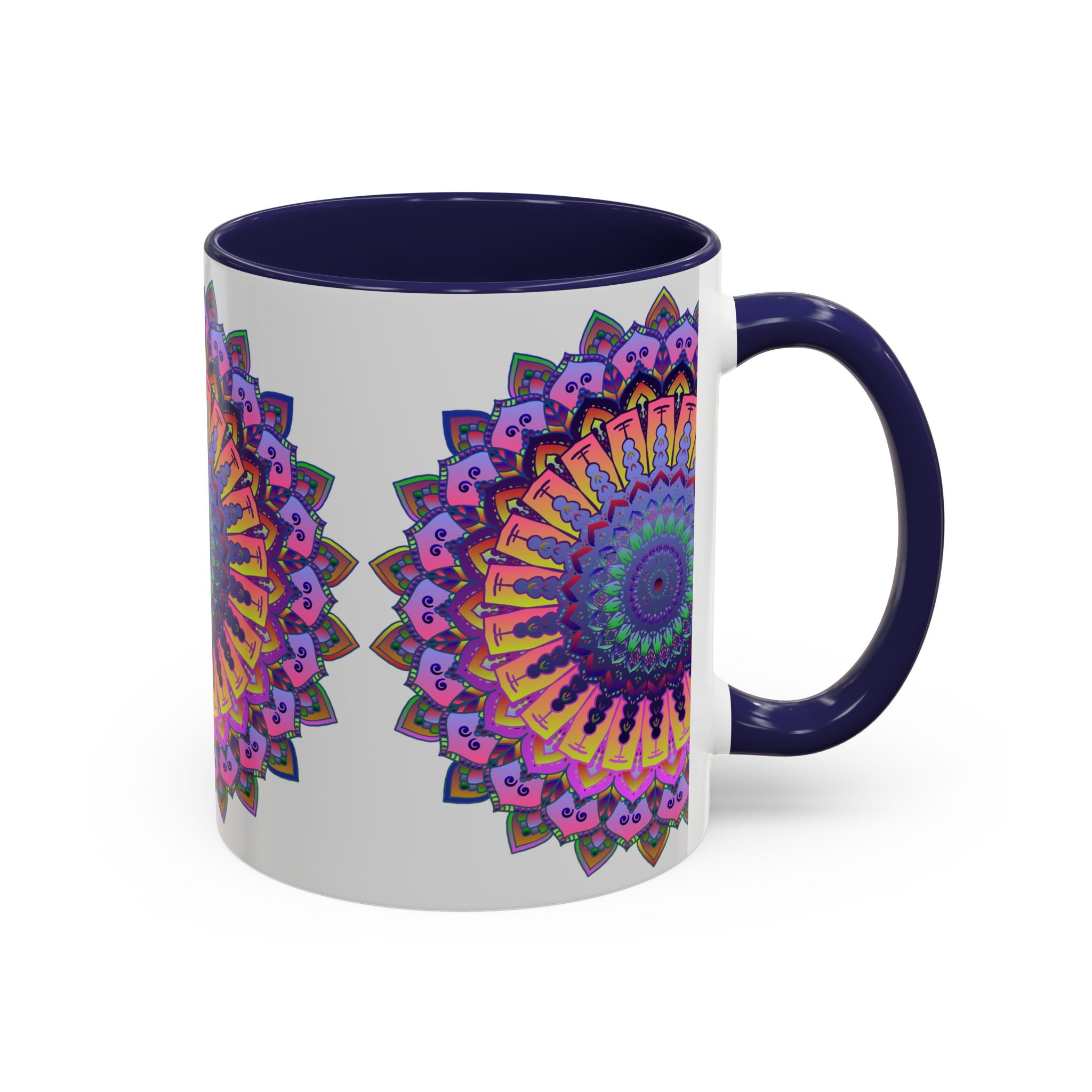 Vibrant mandala mug with intricate art designs in various colors on grey background