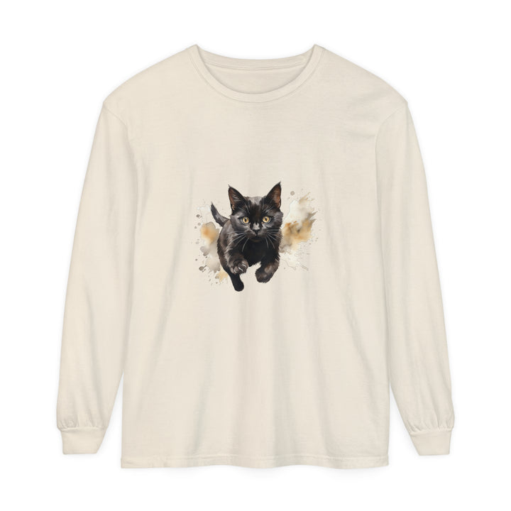 Black Cat Watercolor Sprint Unisex T-Shirt: A vibrant watercolor print of a black cat on a comfortable and stylish unisex t-shirt