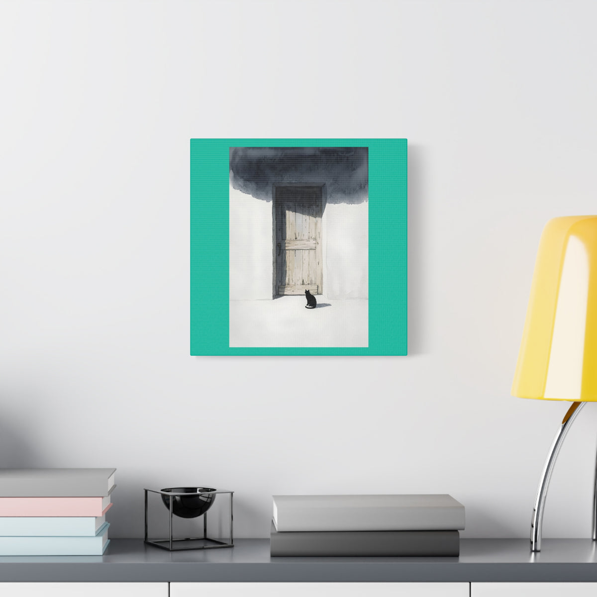 Cat at the Door Matte Canvas Wall Art — Moody Minimalist Cat Illustration