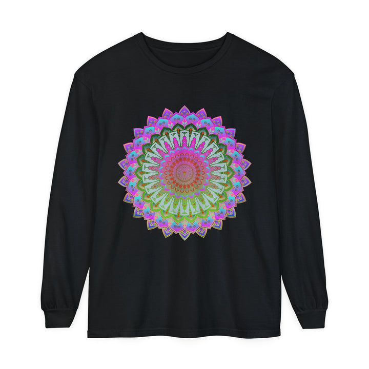 Colorful and intricate mandala design on a unisex long sleeve t-shirt