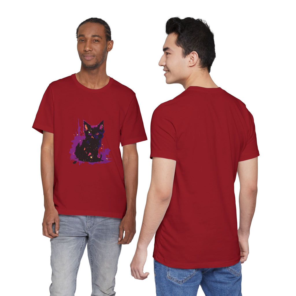 Schwarzes Katzenrätsel – Lila Farbspritzer-T-Shirt