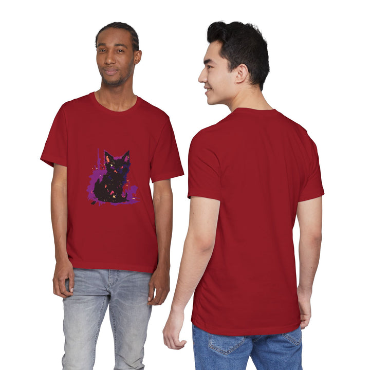 Schwarzes Katzenrätsel – Lila Farbspritzer-T-Shirt