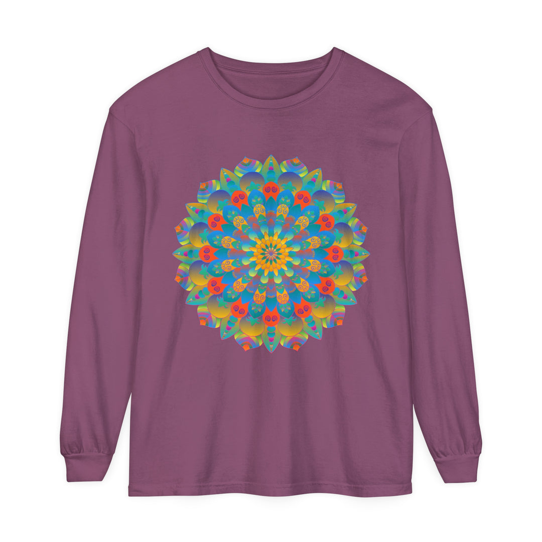 Vibrant mandala long sleeve t-shirt in blue and pink