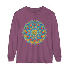 Vibrant mandala long sleeve t-shirt in blue and pink