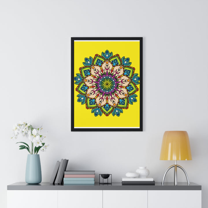 A vertical framed poster featuring a hand-drawn yellow mandala, perfect for promoting mindfulness and yoga