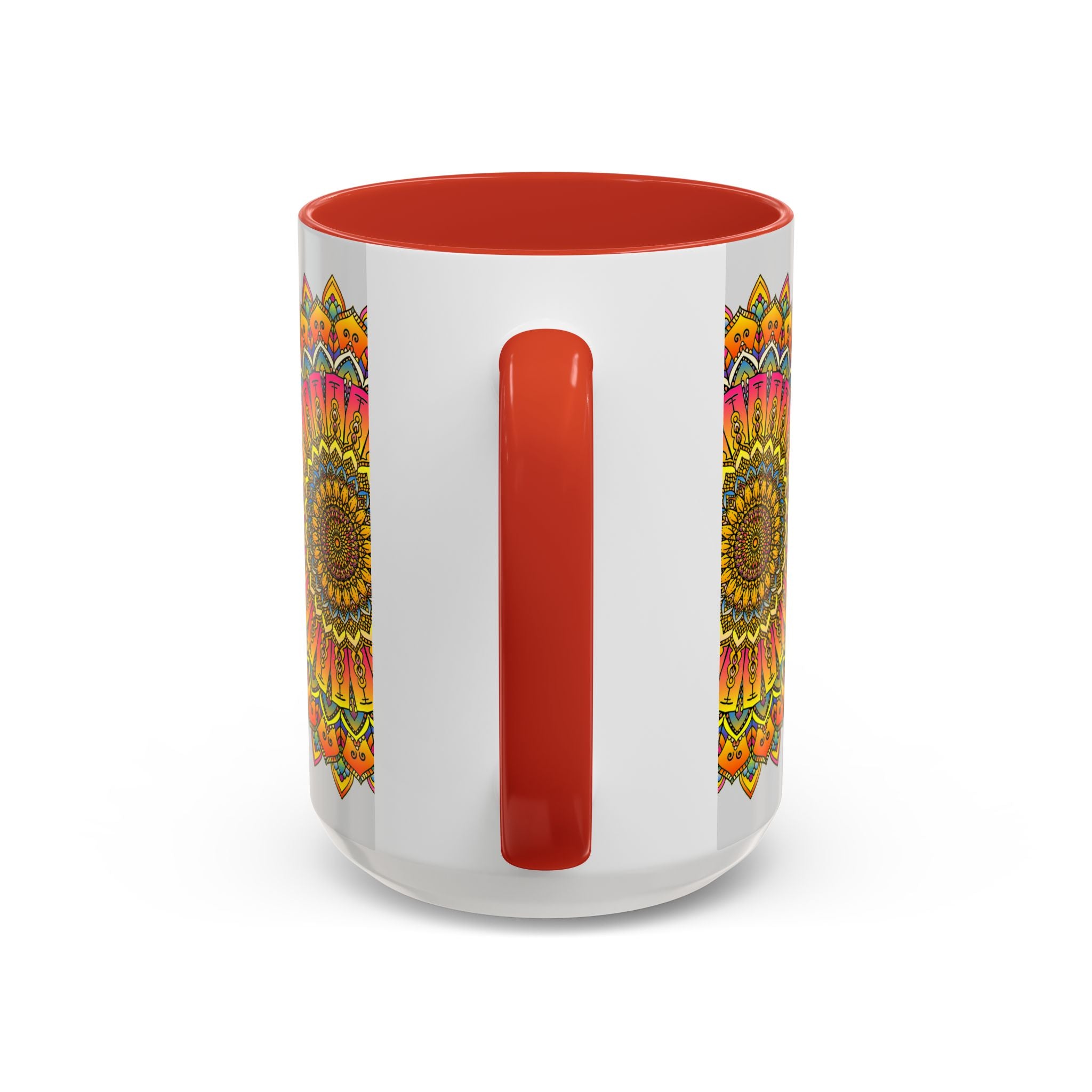 A vibrant and intricate mandala art mug with a colorful floral design