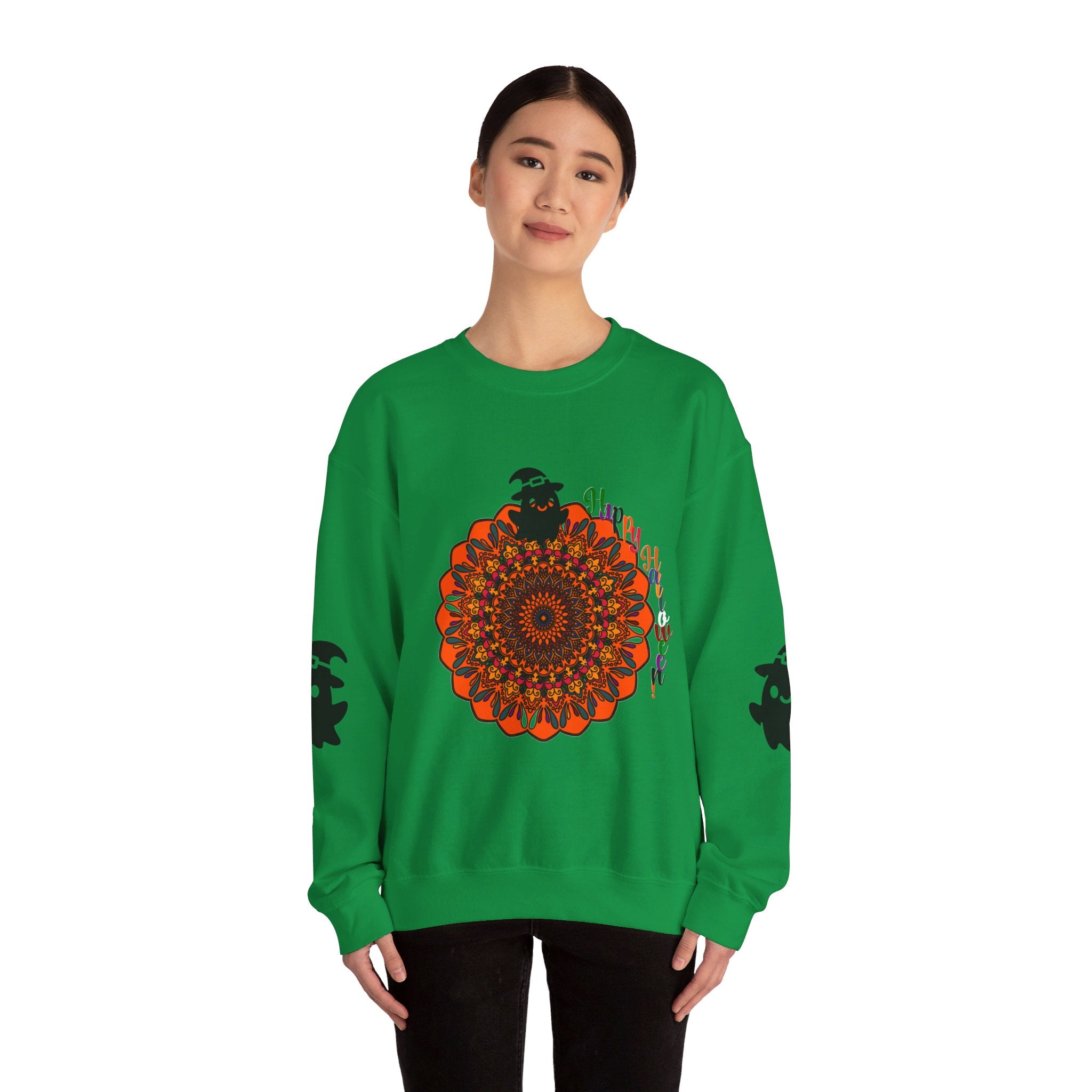 A unisex heavy blend crewneck sweatshirt with a cute ghost Halloween design