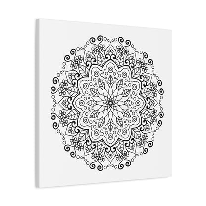 Handmade mandala art featuring intricate black and white designs on matte canvas, stretched and ready to hang on your wall