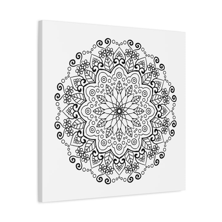 Handmade mandala art featuring intricate black and white designs on matte canvas, stretched and ready to hang on your wall