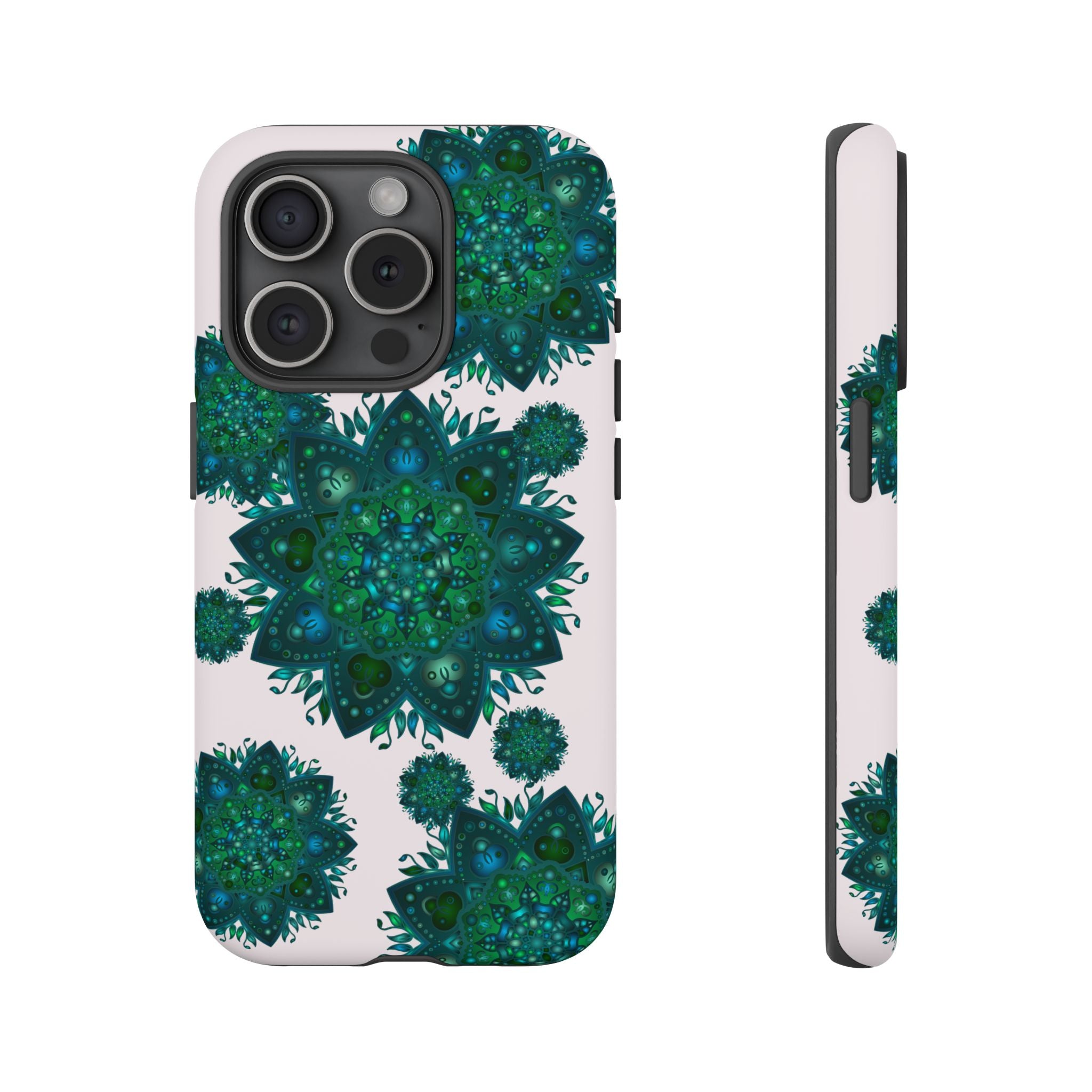 Beautiful light pink and green mandala phone case with peaceful design