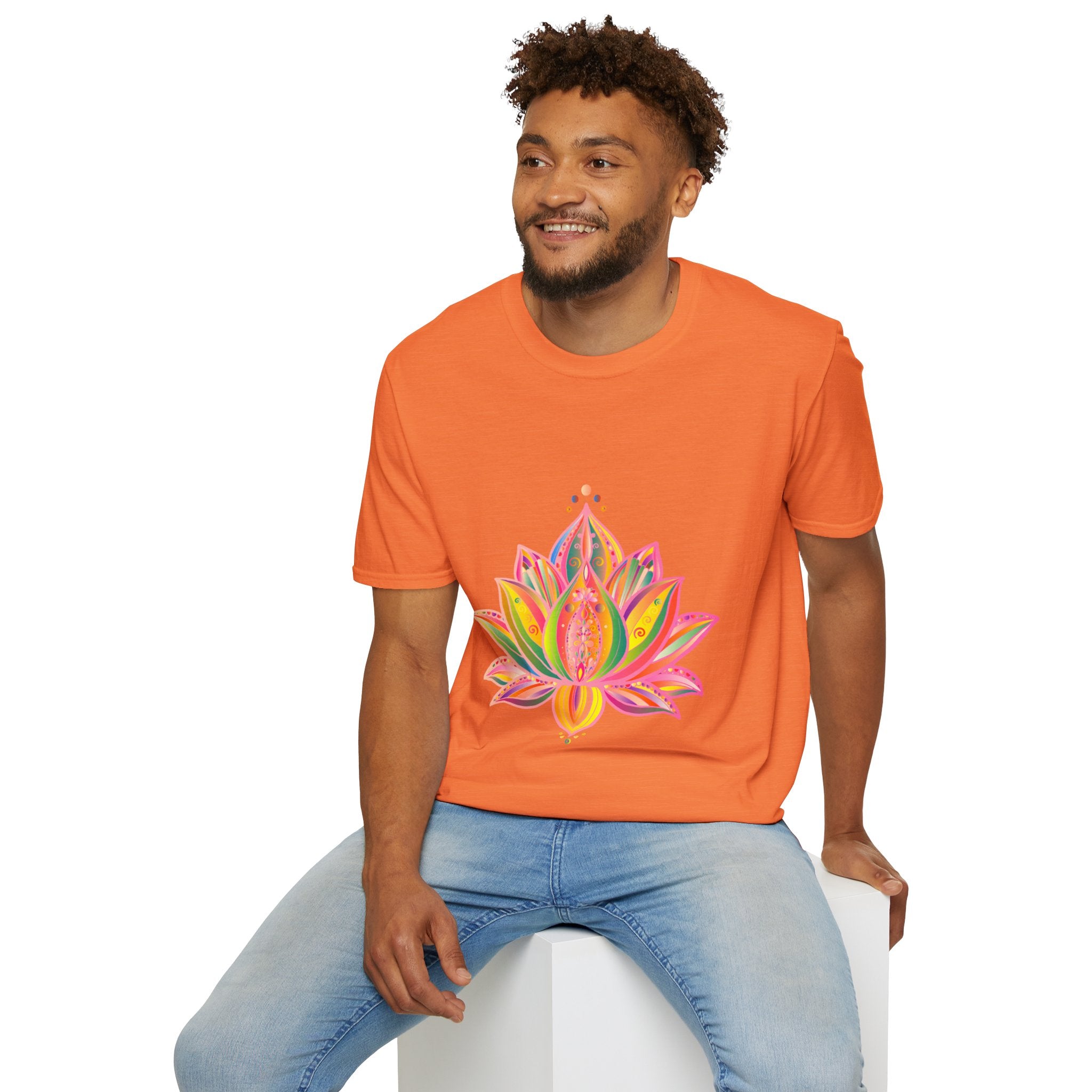 A close-up image of a unisex T-shirt featuring a hand-drawn Lotus Mandala design by Blululi, with intricate details and vibrant colors