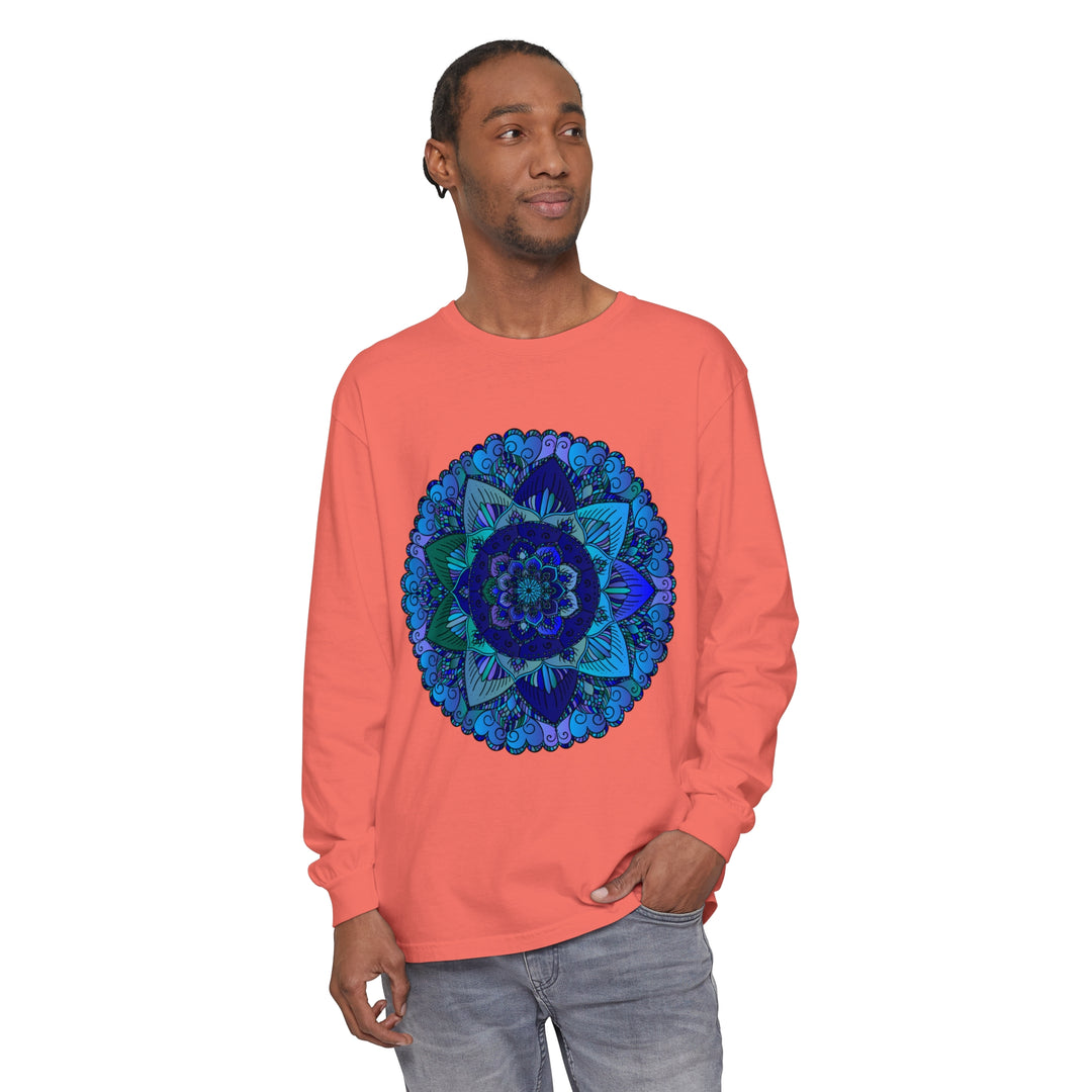 Dark blue and green mandala long sleeve t-shirt with intricate design