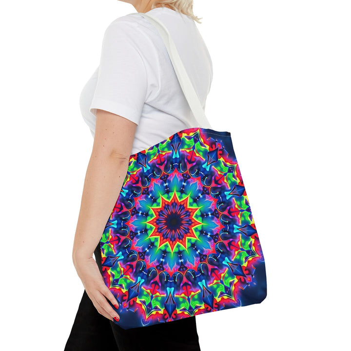 Colorful and intricate psychedelic mandala design tote bag for eclectic fashion