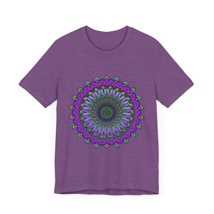 A detailed image of a purple and green mandala tee with an intricate and eye-catching design perfect for casual wear