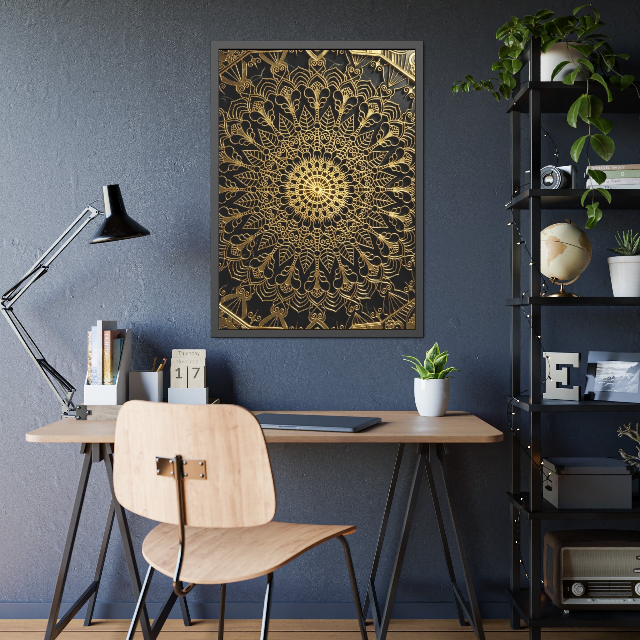 Majestätische Stille – Schwarz-Gold Luxus-Poster mit Rahmen