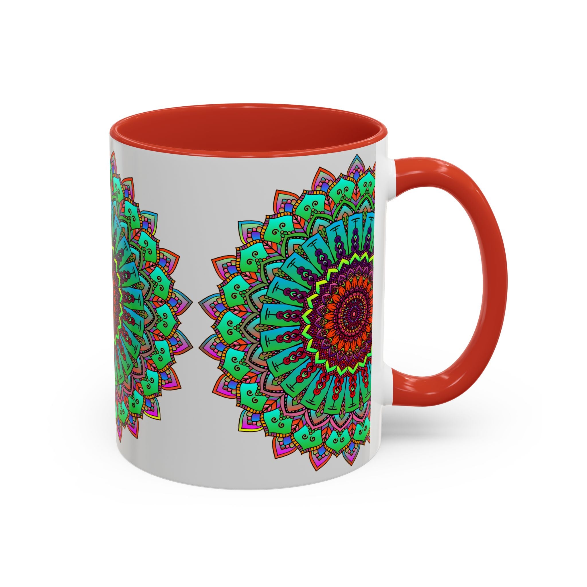 Beautiful light grey mandala art mug with colorful accents and intricate design