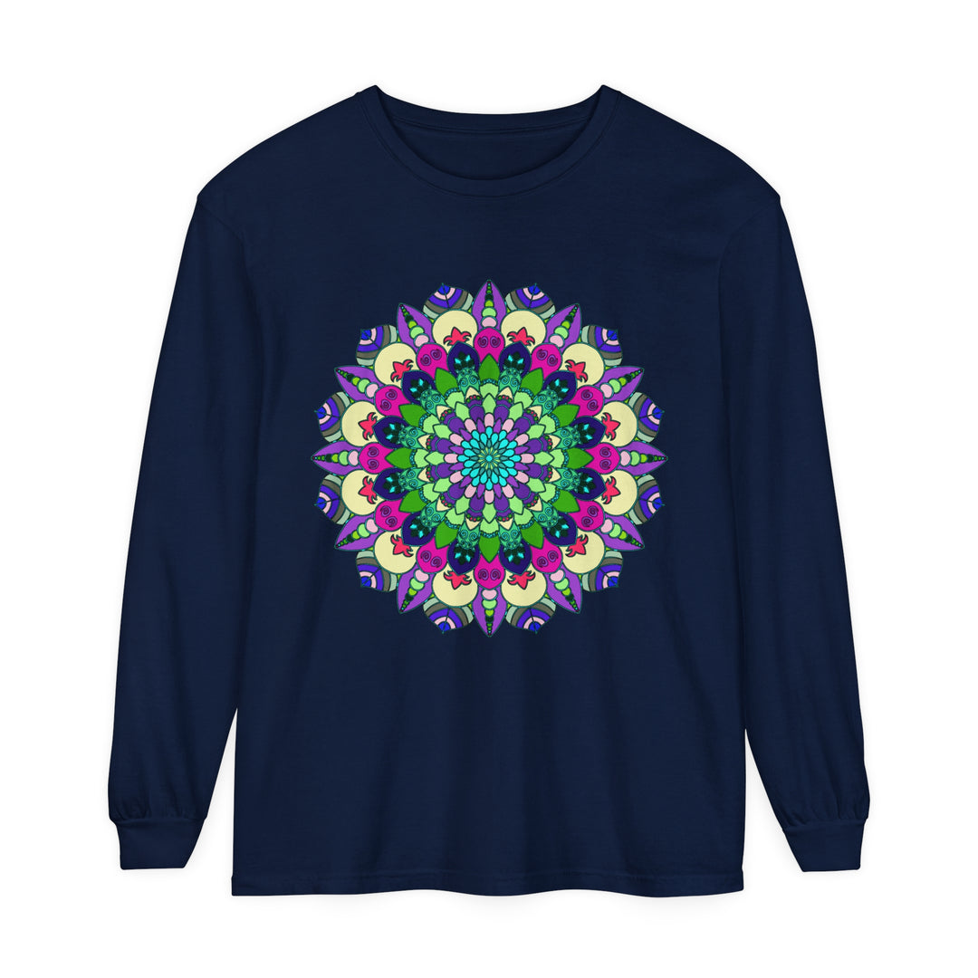 Colorful and intricate mandala design on a unisex long sleeve t-shirt