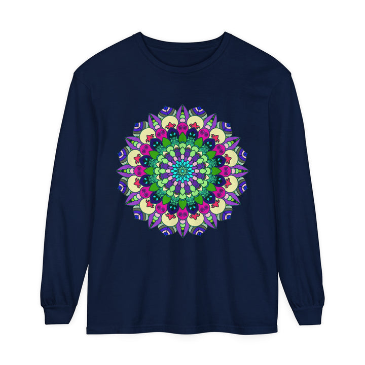 Colorful and intricate mandala design on a unisex long sleeve t-shirt