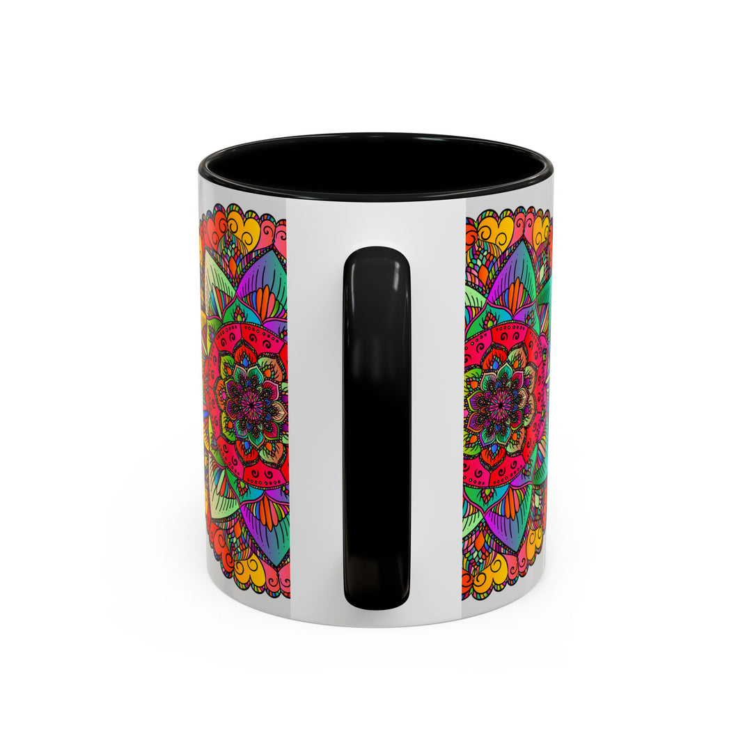 Colorful ceramic mug featuring a detailed and intricate mandala design