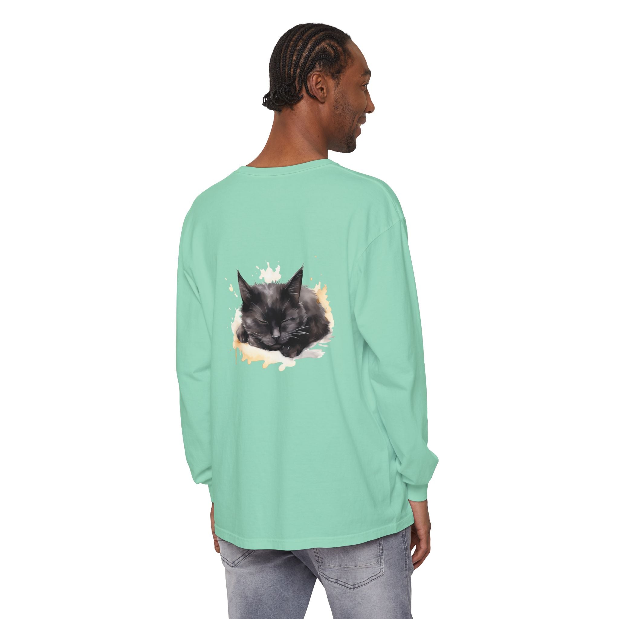 Sleepy Cat Watercolor Long Sleeve T-Shirt