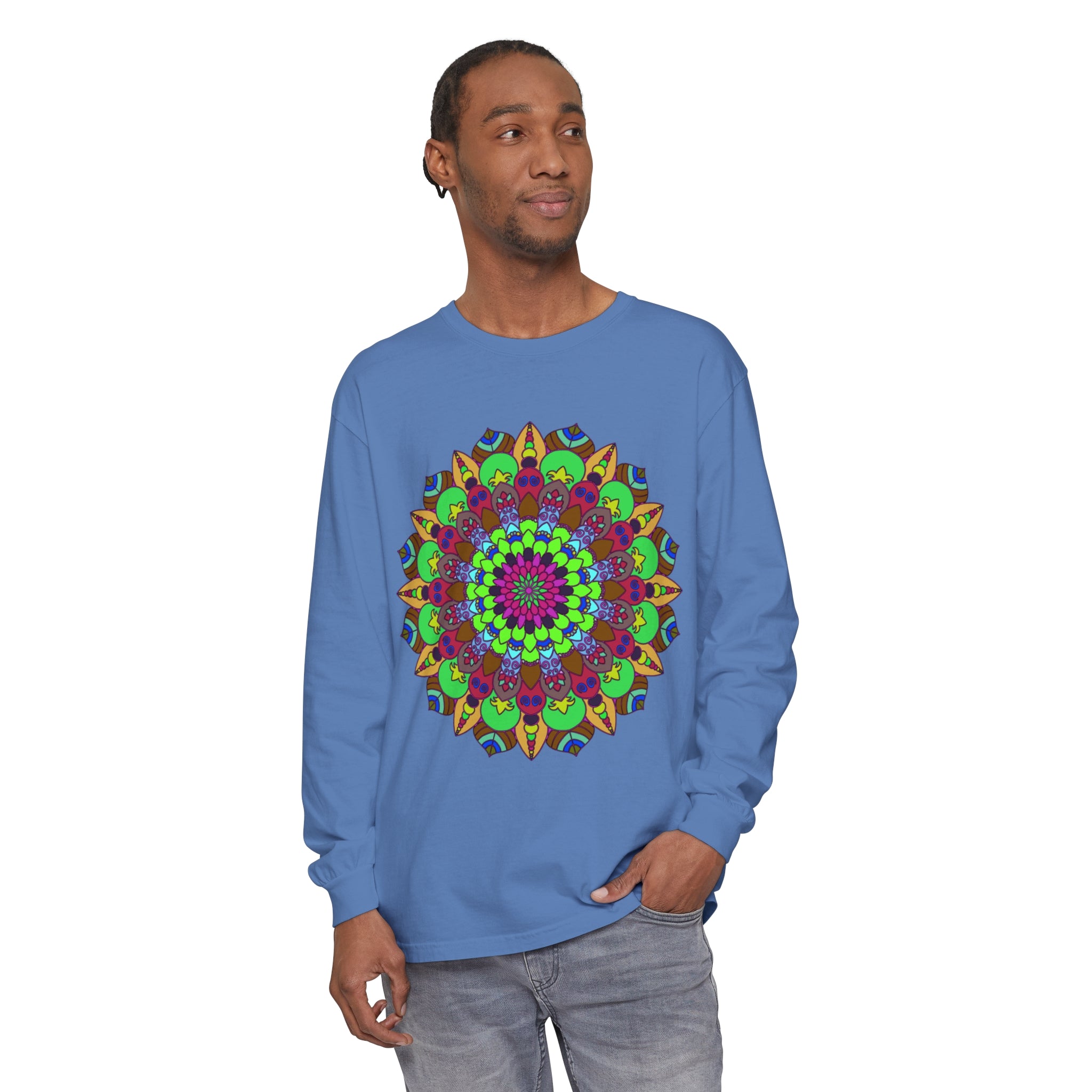 Vibrant and intricate mandala design on a unisex long sleeve t-shirt