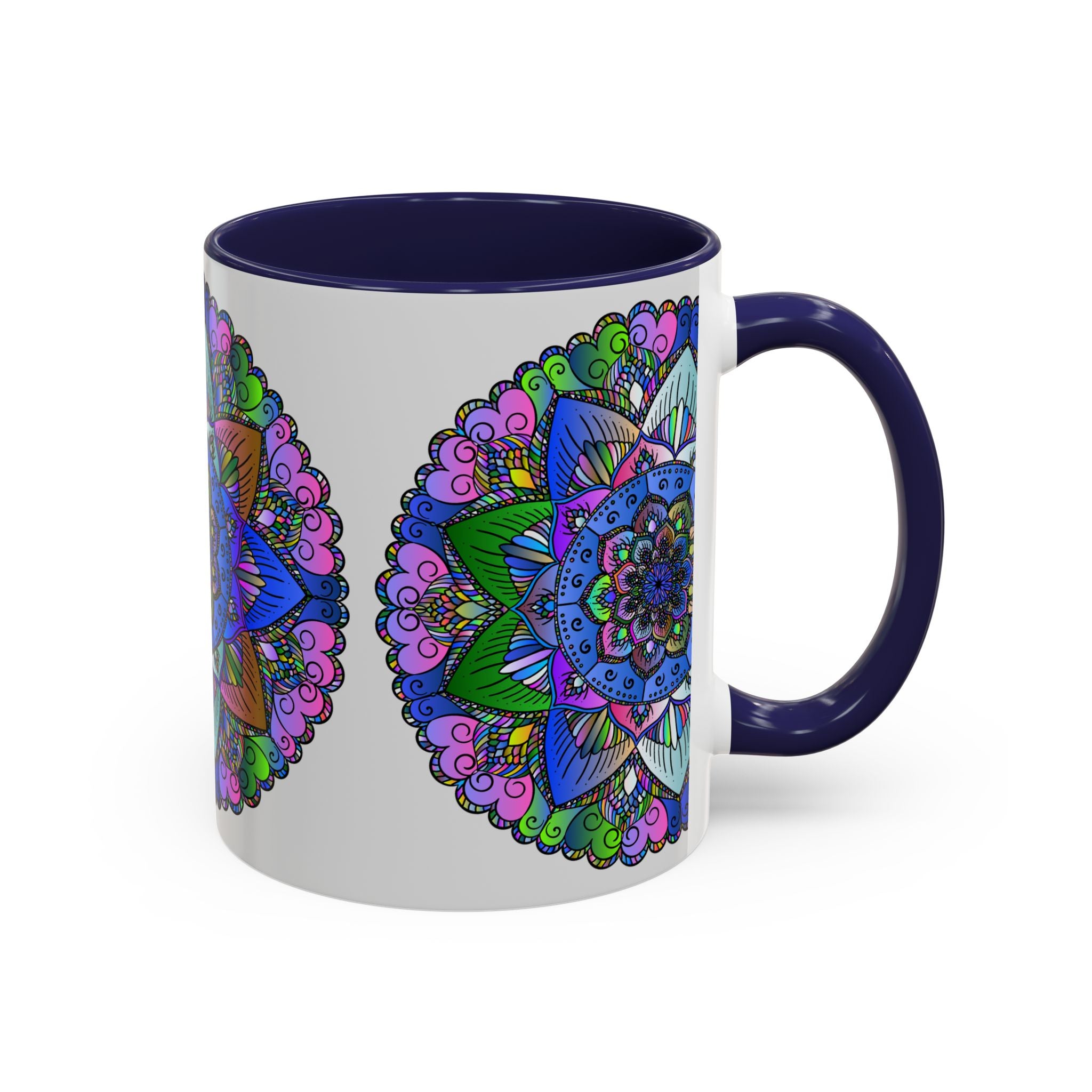 A colorful and peaceful mandala mug, featuring intricate and vibrant art