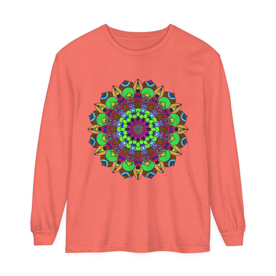 Vibrant and intricate mandala design on a unisex long sleeve t-shirt