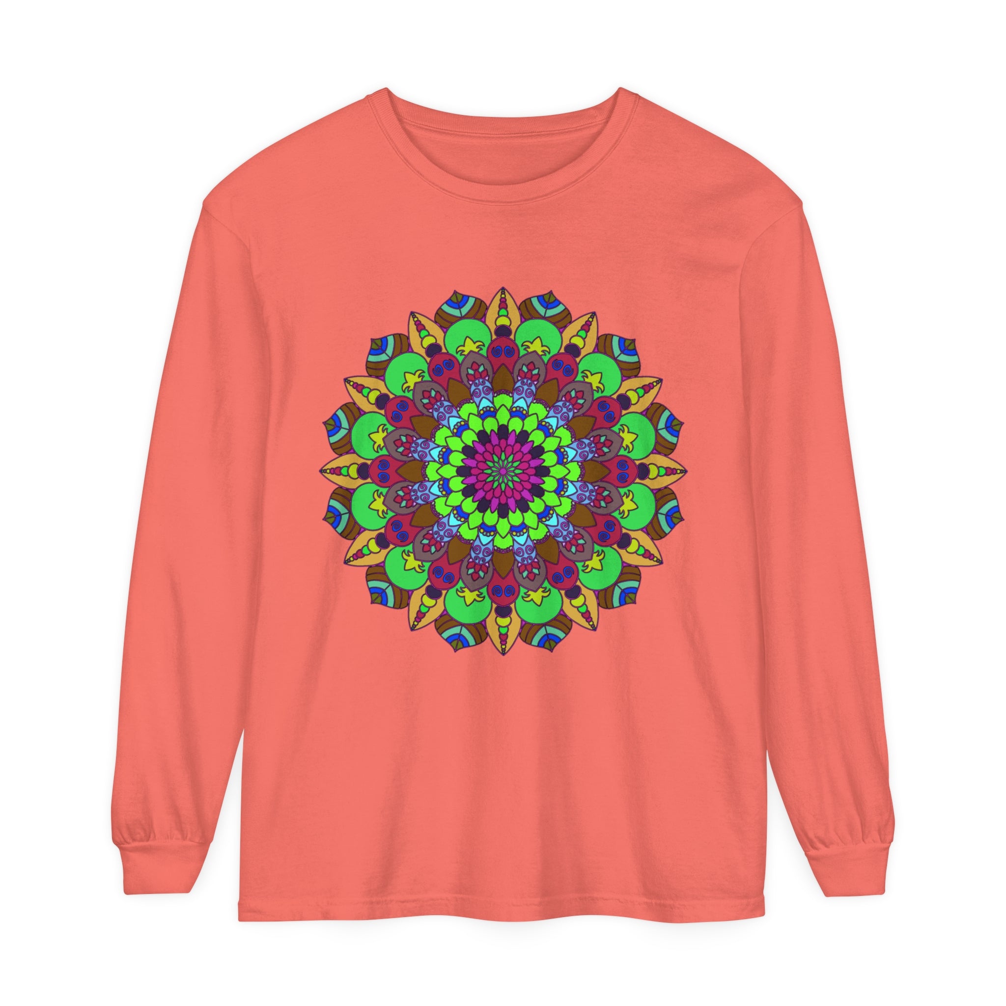 Vibrant and intricate mandala design on a unisex long sleeve t-shirt