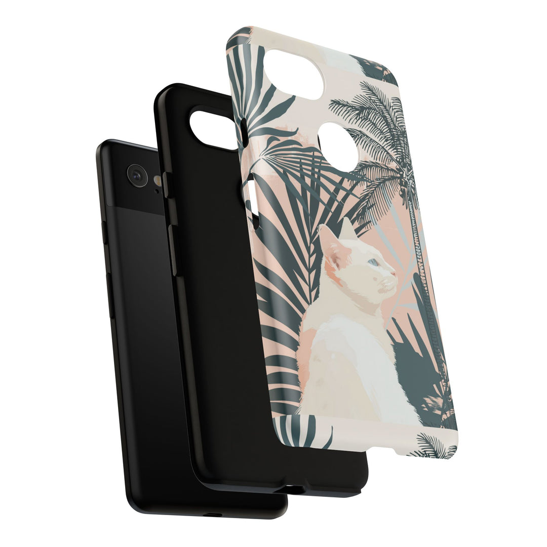 Tropische Katzen-Telefonhülle mit üppigen Palmenmotiven und sanften Pastelltönen