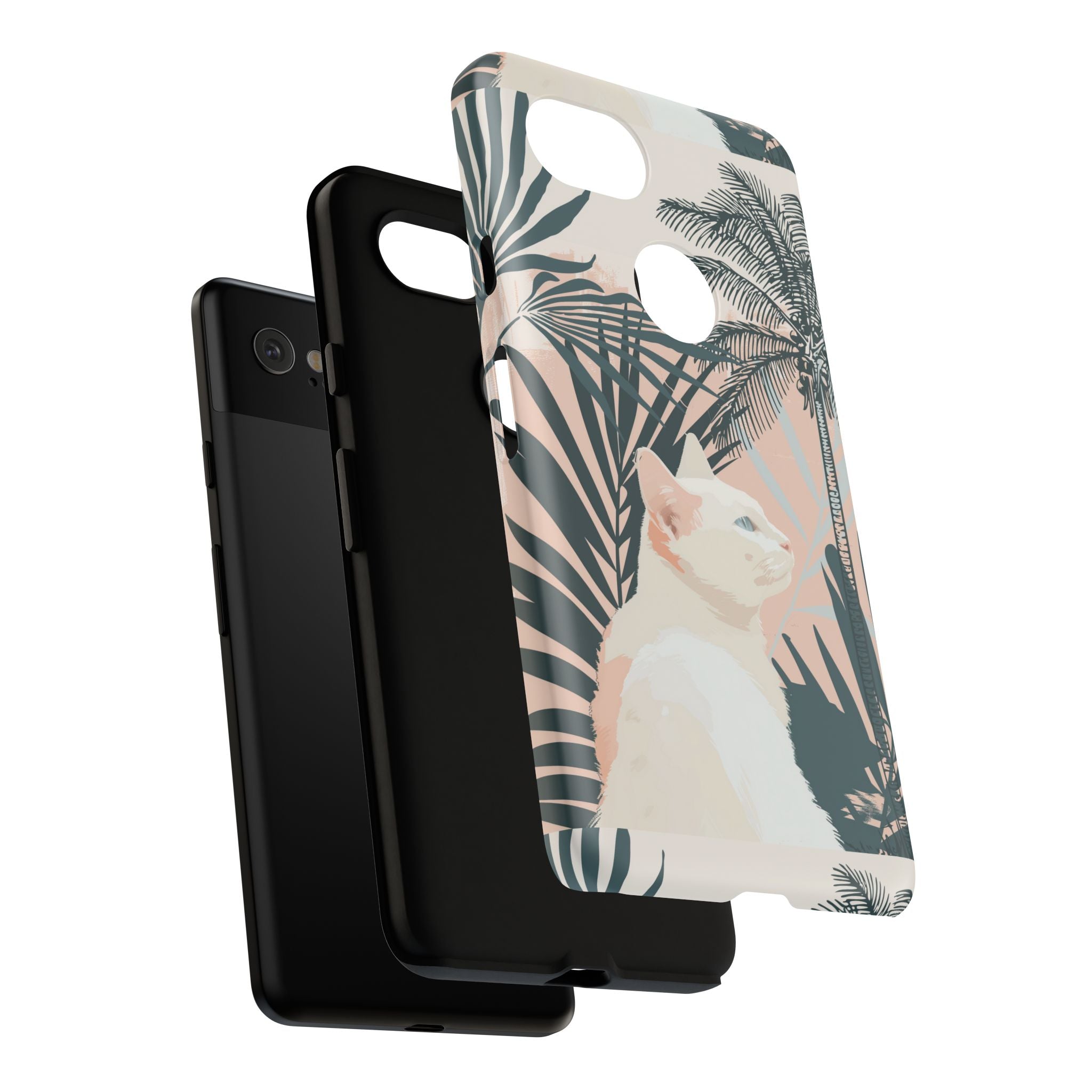 Tropische Katzen-Telefonhülle mit üppigen Palmenmotiven und sanften Pastelltönen