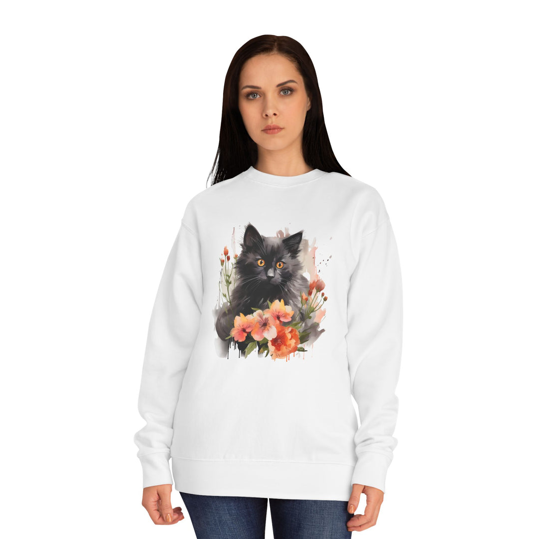 Black Cat and Blossoming Flowers Soft Cotton Sweatshirt
