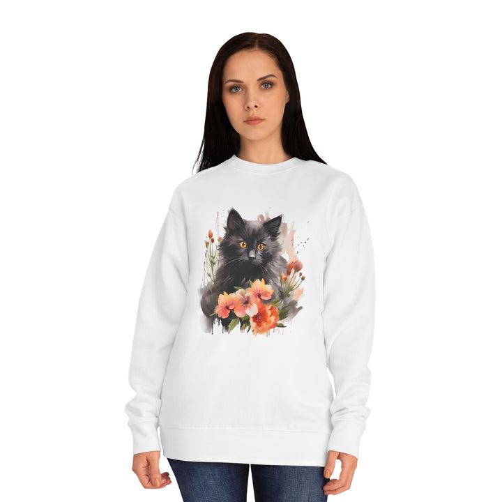 Black Cat and Blossoming Flowers Soft Cotton Sweatshirt
