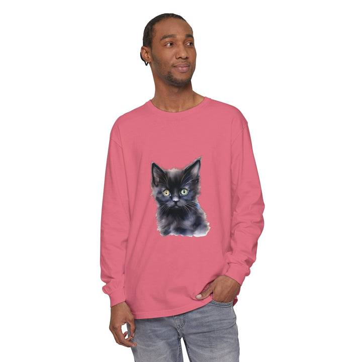 Black unisex long sleeve t-shirt featuring a mystical kitten graphic design