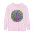 Colorful, intricate design of a vibrant mandala on a unisex long sleeve t-shirt