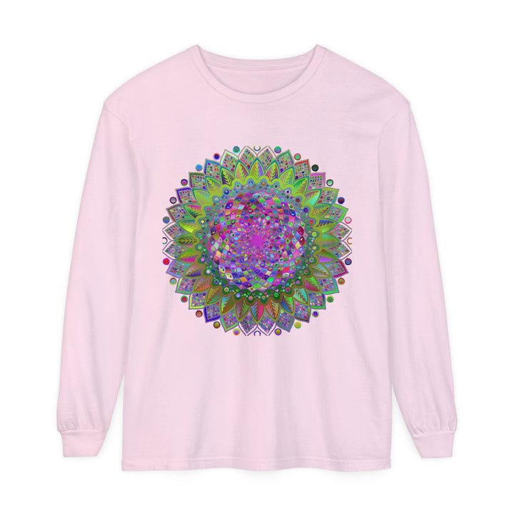 Colorful, intricate design of a vibrant mandala on a unisex long sleeve t-shirt