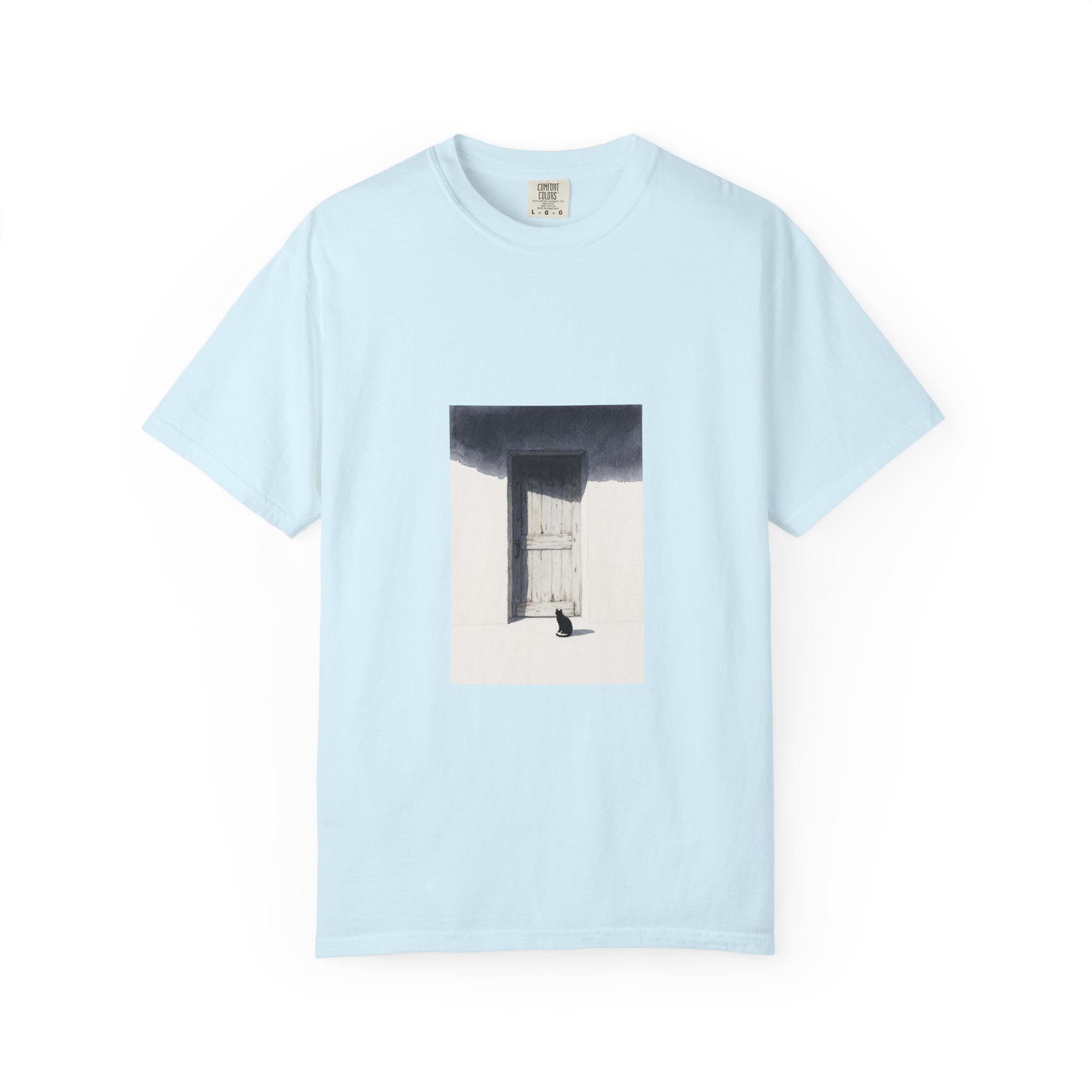 T-Shirt — Minimal Art Cat at Door Graphic Tee