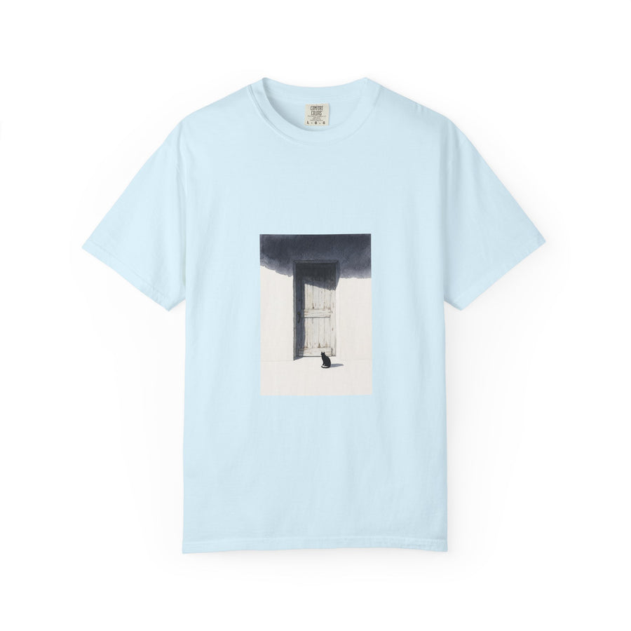 T-Shirt — Minimal Art Cat at Door Graphic Tee