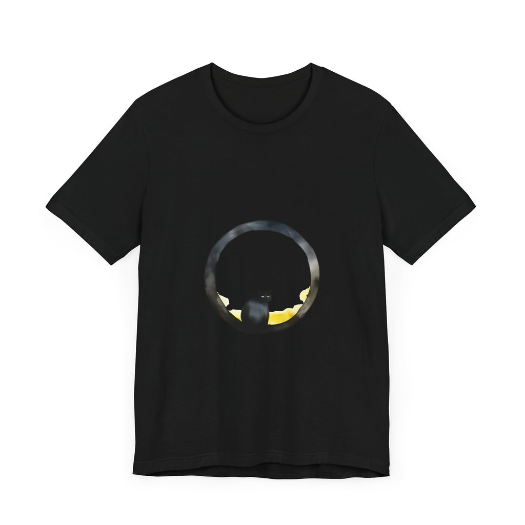 A whimsical black cat sitting on a crescent moon, featured on a stylish tee