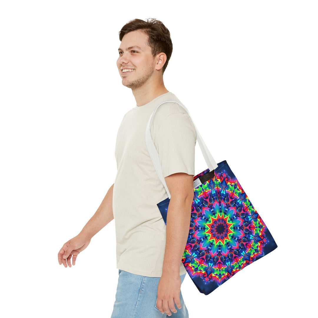 Colorful and intricate psychedelic mandala tote bag with vibrant patterns and striking design, perfect for carrying your essentials in style