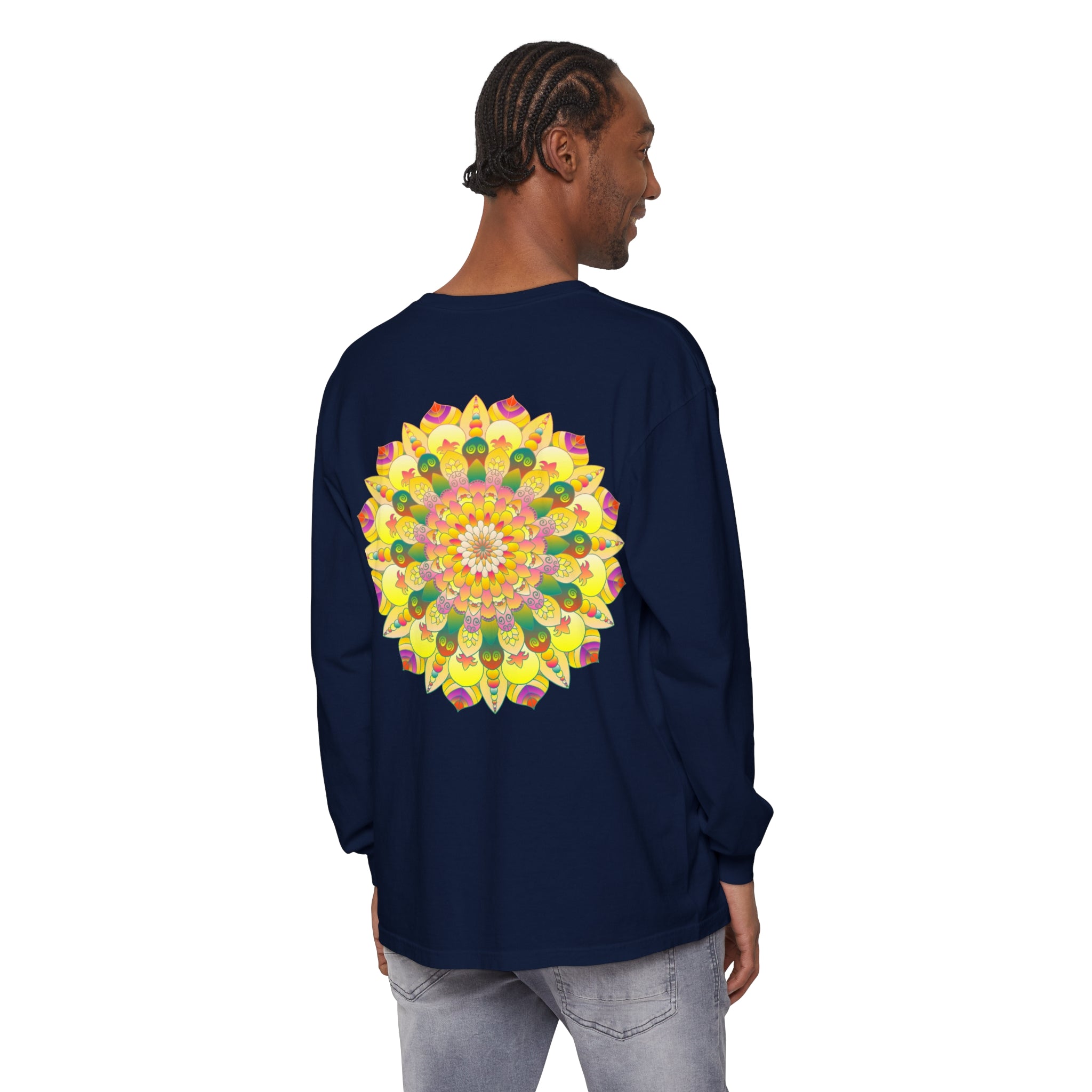 Colorful and intricate mandala design on a unisex long sleeve t-shirt