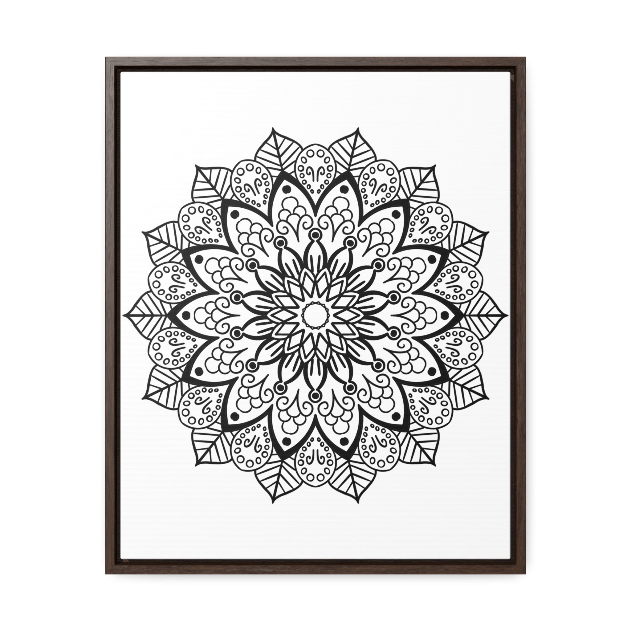 Beautiful mandala handmade black and white wall art on gallery canvas wraps, displayed in a vertical frame