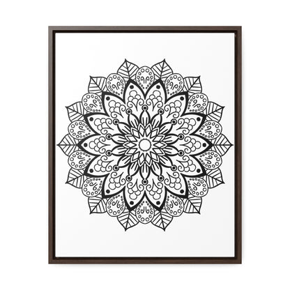 Beautiful mandala handmade black and white wall art on gallery canvas wraps, displayed in a vertical frame