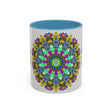 A beautiful ceramic mug featuring a vibrant and calming mandala art design