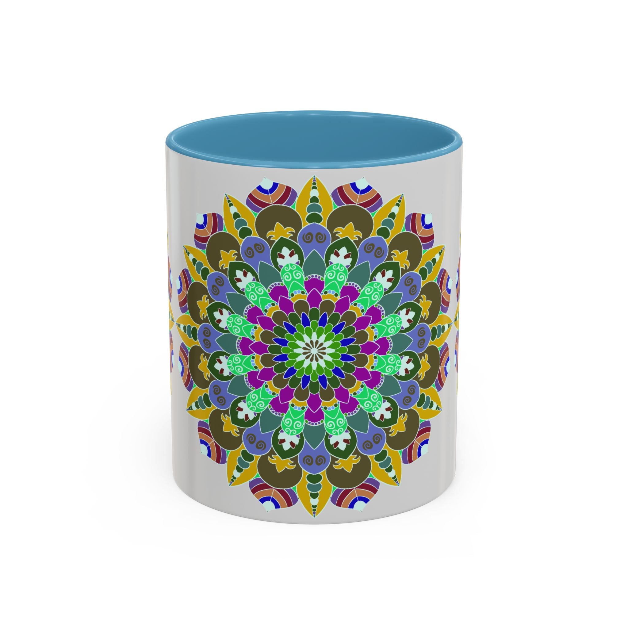 A beautiful ceramic mug featuring a vibrant and calming mandala art design