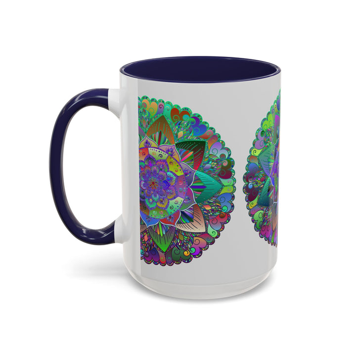 A close-up image of a colorful and intricate mandala art mug, featuring vibrant hues and detailed patterns