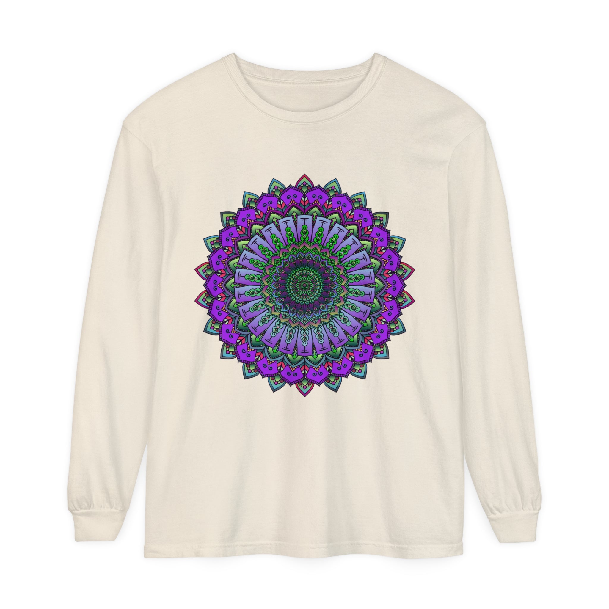 Colorful and detailed mandala design on a unisex long sleeve t-shirt