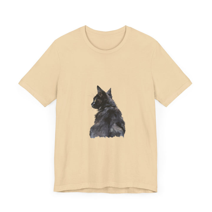 Mysterious Black Cat Watercolor Tee, a unique and stylish shirt featuring a captivating watercolor design of a black cat on a soft, comfortable fabric