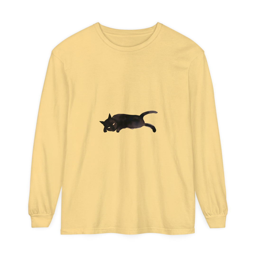 Black cat curled up in peaceful sleep on unisex long sleeve t-shirt