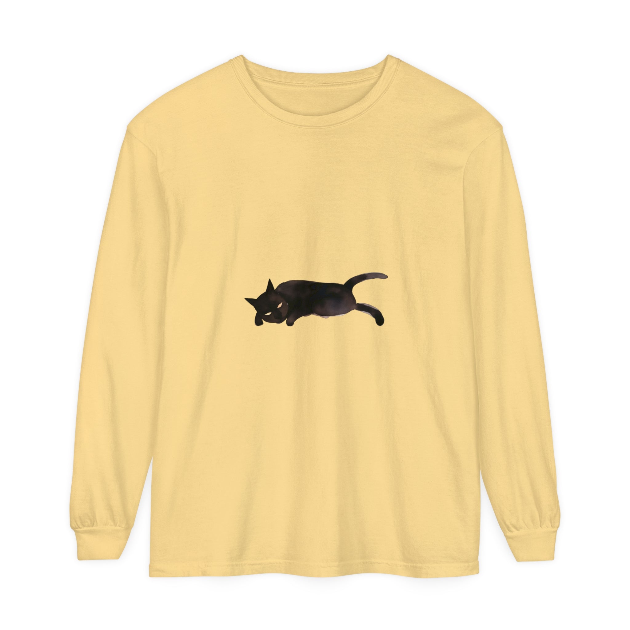 Black cat curled up in peaceful sleep on unisex long sleeve t-shirt