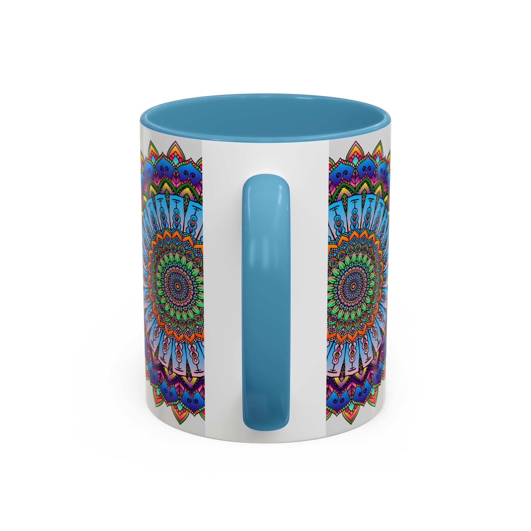 Vibrant Mandala Mug featuring colorful intricate art on a grey background